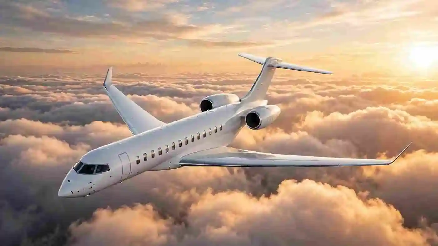 Private Jet parked on tarmac at sunset