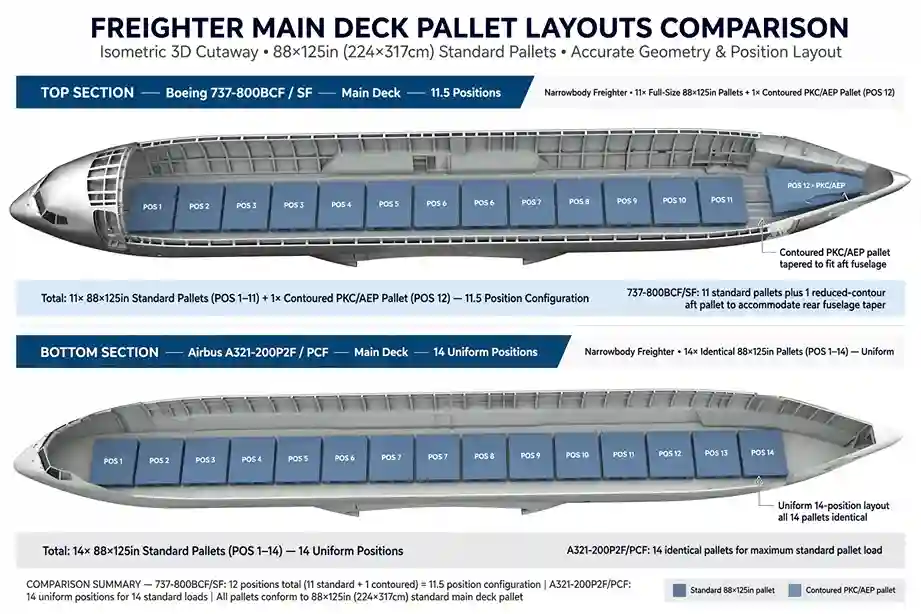 3D cross-section comparison of 737-800BCF and A321P2F main deck cargo layouts