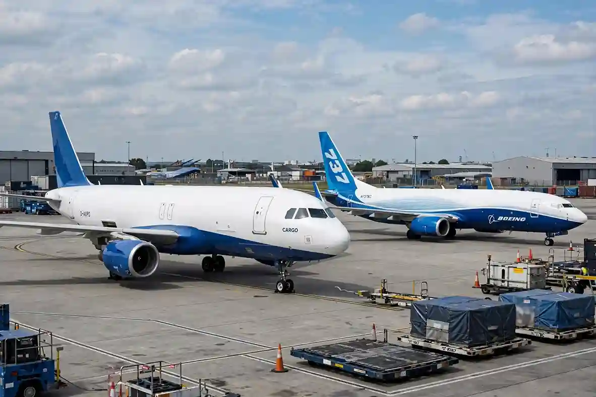 Fleet of cargo aircraft from turboprop to widebody freighter lined up on the tarmac