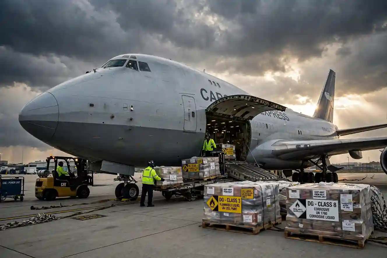 Orange Cargo Aircraft Only hazard label on a dangerous goods shipment beside a freighter aircraft